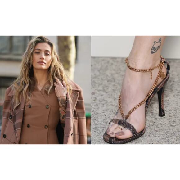 Stella McCartney Stella 100 Reptile Print Heel Sandals Chain Strap Brown Sz 6/36 - Picture 1 of 16